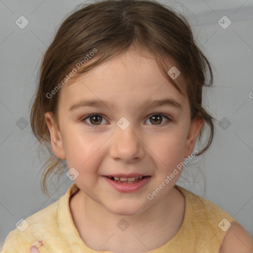 Joyful white child female with medium  brown hair and brown eyes