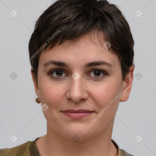 Joyful white young-adult female with short  brown hair and grey eyes