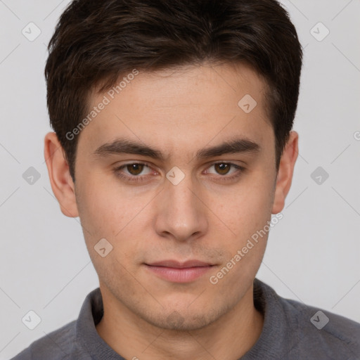 Neutral white young-adult male with short  brown hair and brown eyes