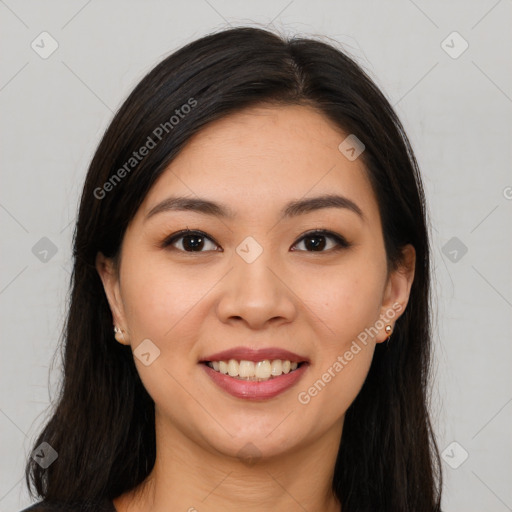 Joyful white young-adult female with long  brown hair and brown eyes