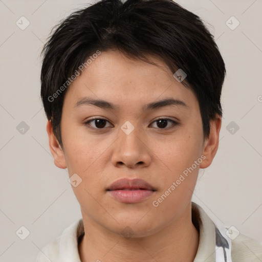 Neutral asian young-adult female with short  brown hair and brown eyes