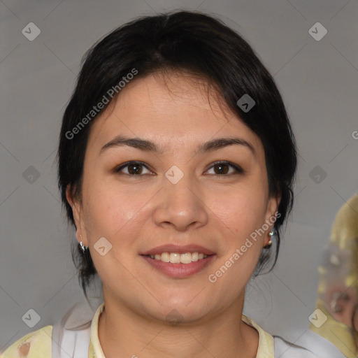 Joyful white young-adult female with medium  brown hair and brown eyes