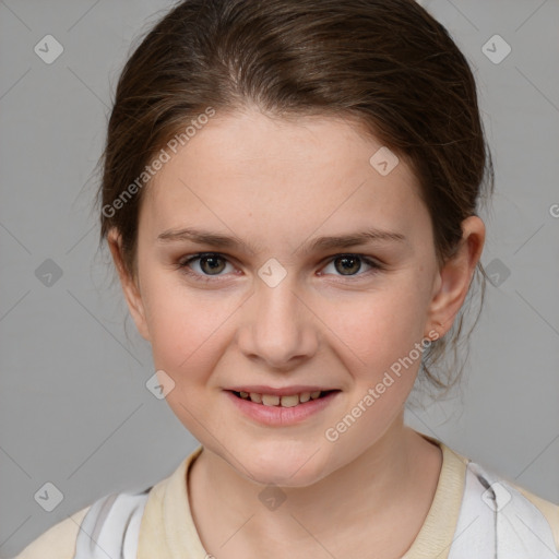 Joyful white child female with medium  brown hair and grey eyes