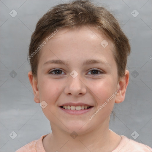 Joyful white child female with short  brown hair and brown eyes