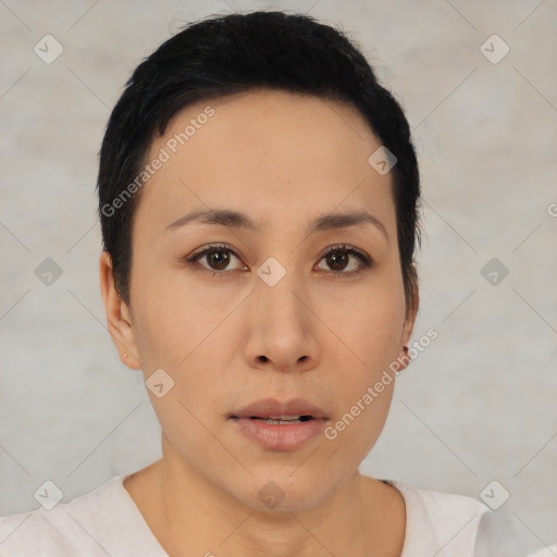 Neutral asian young-adult female with short  black hair and brown eyes