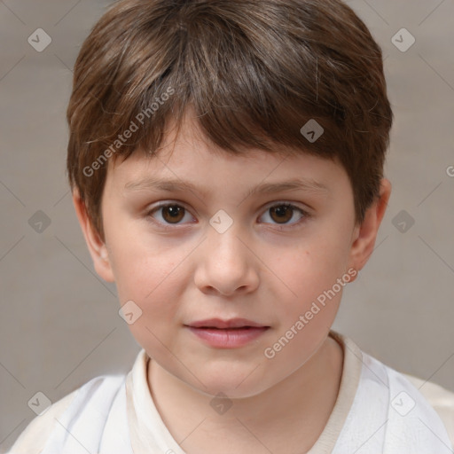 Joyful white child male with short  brown hair and brown eyes