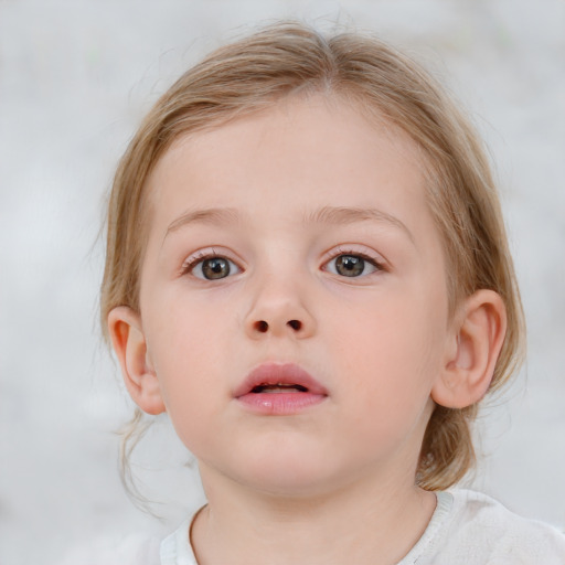 Neutral white child female with medium  brown hair and blue eyes