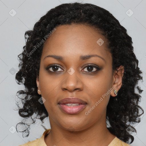 Joyful black young-adult female with medium  black hair and brown eyes