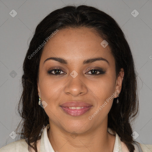 Joyful black young-adult female with medium  brown hair and brown eyes