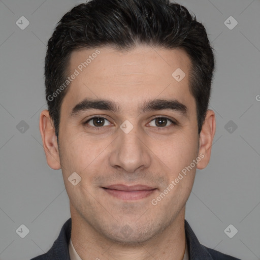 Joyful white young-adult male with short  brown hair and brown eyes