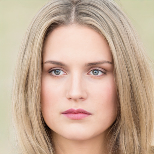 Neutral white young-adult female with long  brown hair and green eyes