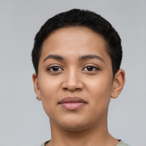 Neutral latino young-adult female with short  black hair and brown eyes