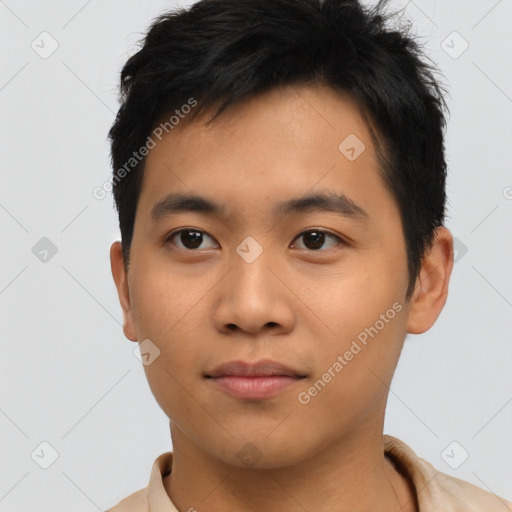 Neutral asian young-adult male with short  black hair and brown eyes