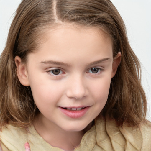 Joyful white child female with medium  brown hair and grey eyes