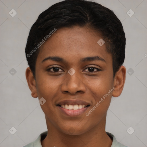 Joyful latino young-adult female with short  black hair and brown eyes