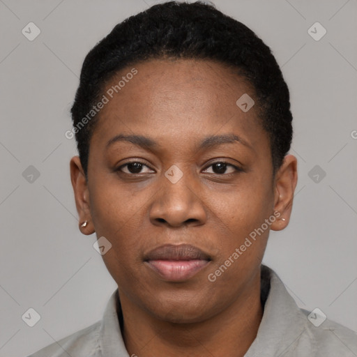 Neutral black young-adult female with short  black hair and brown eyes