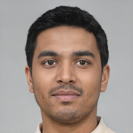Neutral latino young-adult male with short  black hair and brown eyes