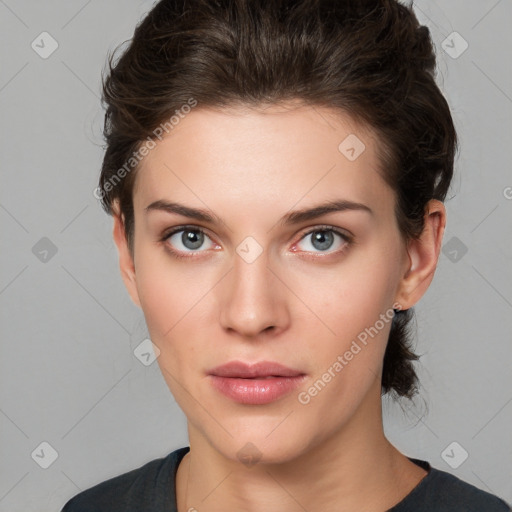 Neutral white young-adult female with short  brown hair and brown eyes