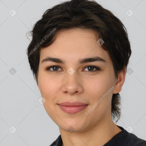 Joyful white young-adult female with medium  brown hair and brown eyes