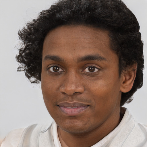 Joyful black young-adult male with short  brown hair and brown eyes
