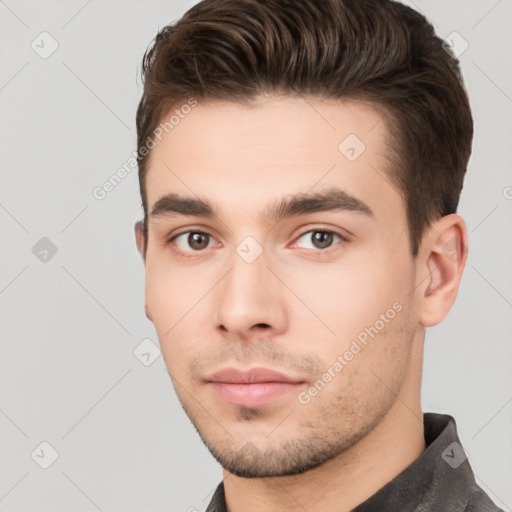 Neutral white young-adult male with short  brown hair and brown eyes