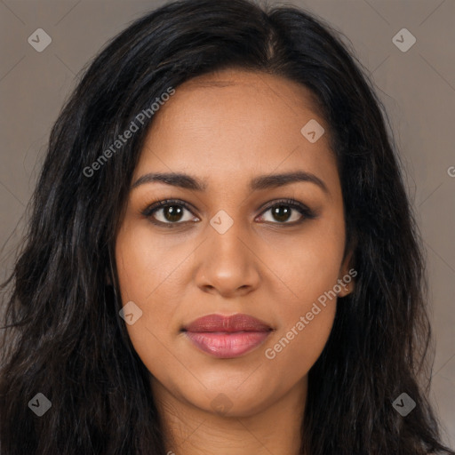 Joyful latino young-adult female with long  brown hair and brown eyes