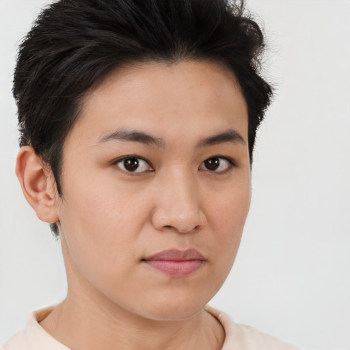 Neutral white young-adult female with short  brown hair and brown eyes
