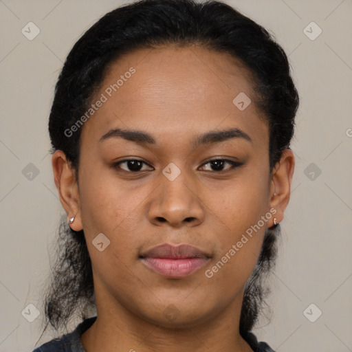 Joyful latino young-adult female with medium  black hair and brown eyes