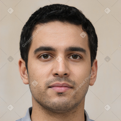 Neutral latino young-adult male with short  black hair and brown eyes