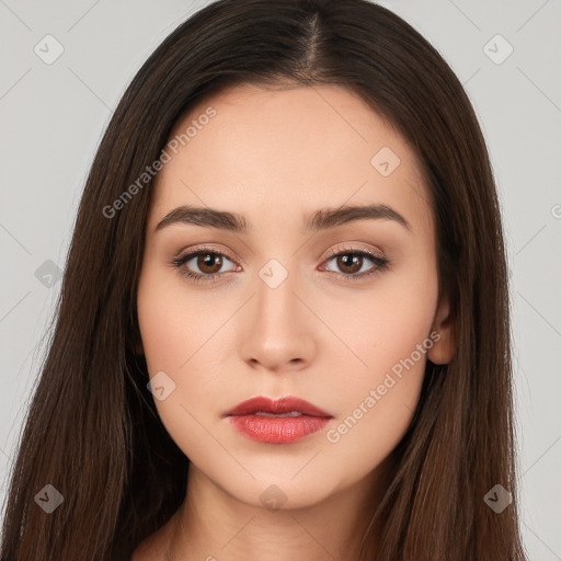 Neutral white young-adult female with long  brown hair and brown eyes