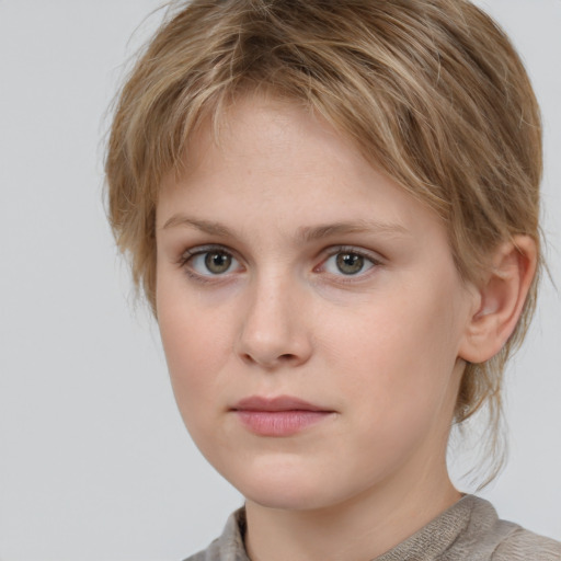 Neutral white young-adult female with medium  brown hair and grey eyes