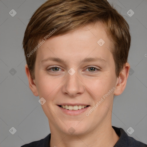 Joyful white young-adult female with short  brown hair and grey eyes