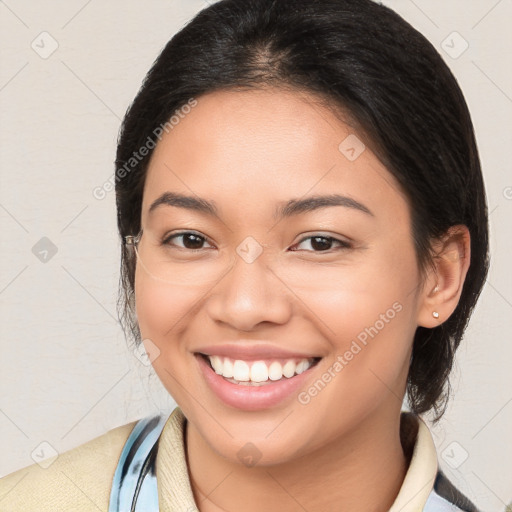 Joyful white young-adult female with medium  brown hair and brown eyes