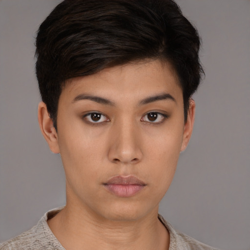 Neutral asian young-adult female with short  brown hair and brown eyes