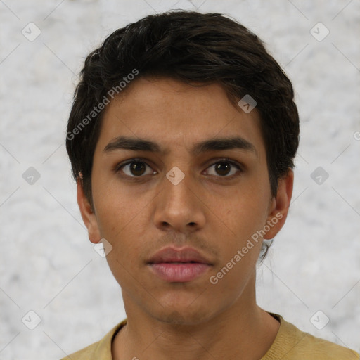 Neutral white young-adult male with short  brown hair and brown eyes