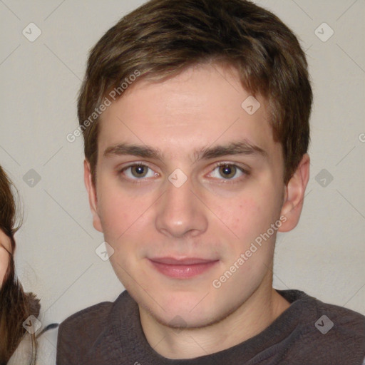 Neutral white young-adult male with short  brown hair and brown eyes