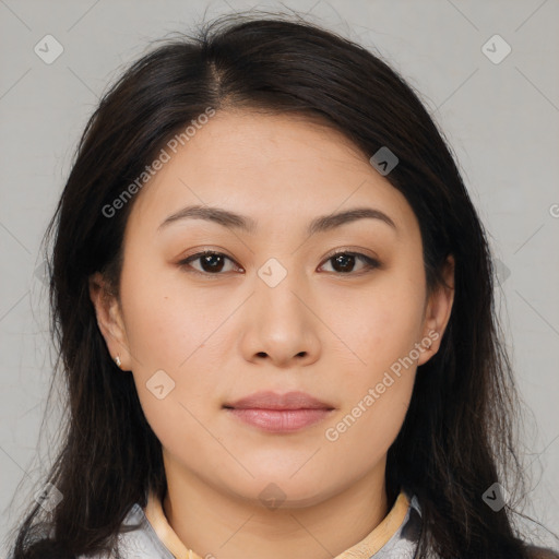 Neutral asian young-adult female with medium  brown hair and brown eyes