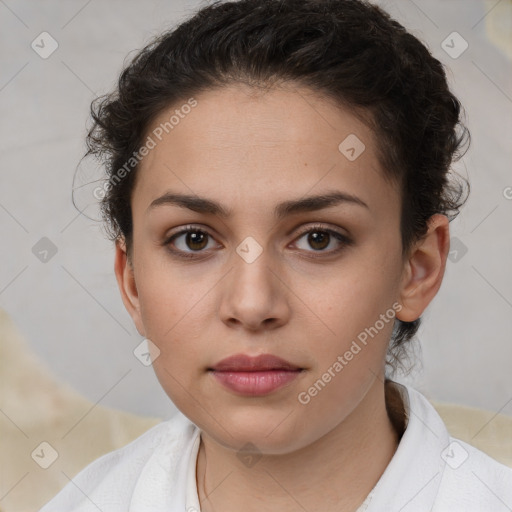 Neutral white young-adult female with short  brown hair and brown eyes