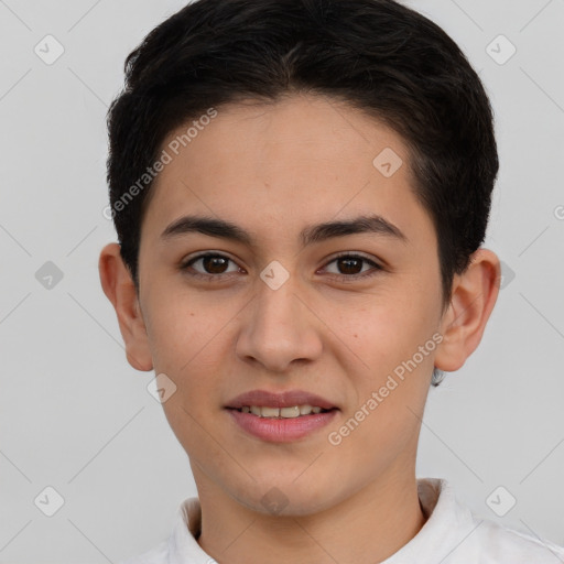 Joyful white young-adult female with short  brown hair and brown eyes