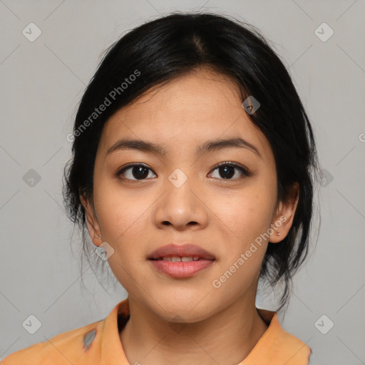 Joyful asian young-adult female with medium  black hair and brown eyes