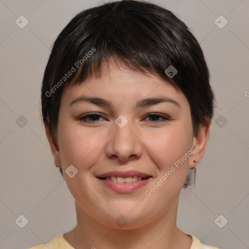 Joyful white young-adult female with short  brown hair and brown eyes