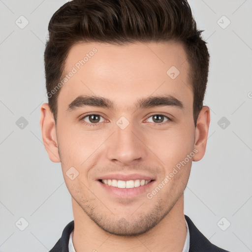 Joyful white young-adult male with short  brown hair and brown eyes