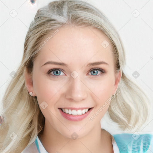 Joyful white young-adult female with medium  brown hair and blue eyes