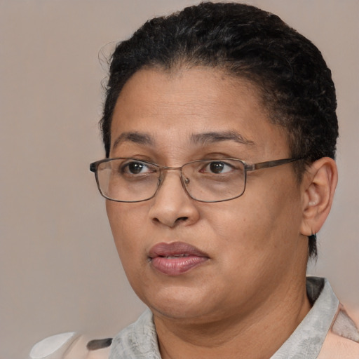 Neutral asian adult female with short  black hair and brown eyes