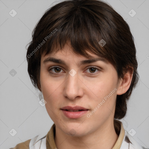 Neutral white young-adult female with medium  brown hair and brown eyes