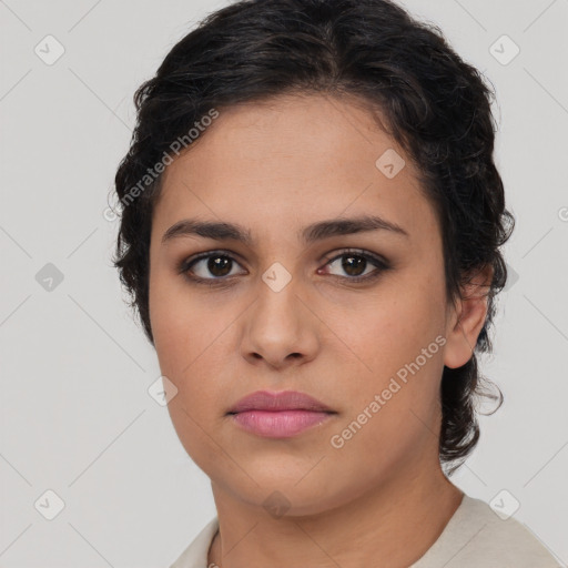 Neutral white young-adult female with short  brown hair and brown eyes