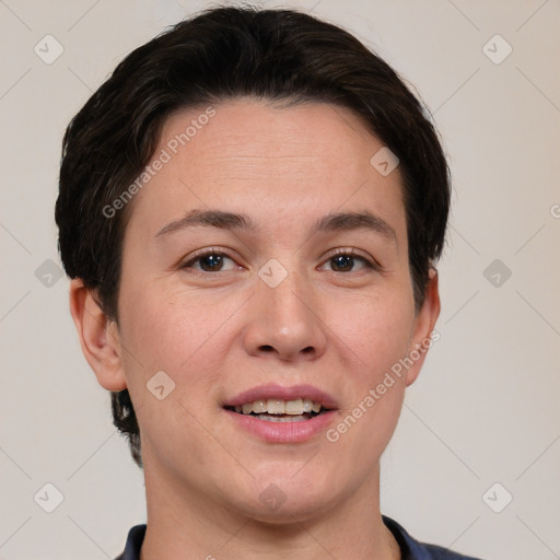 Joyful white young-adult female with short  brown hair and brown eyes