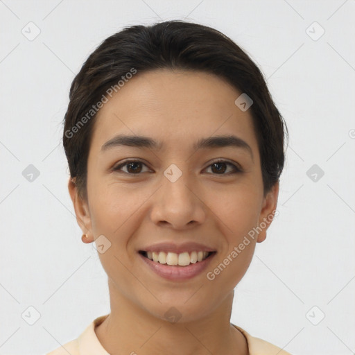 Joyful white young-adult female with short  brown hair and brown eyes