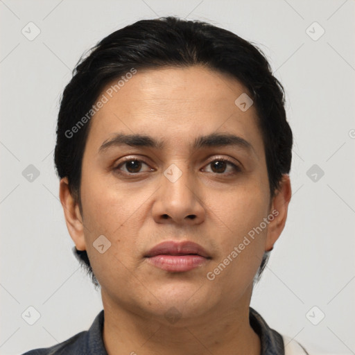 Neutral latino young-adult male with short  black hair and brown eyes