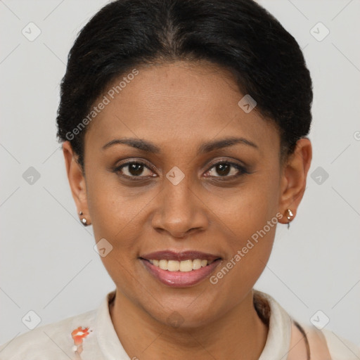 Joyful latino young-adult female with short  brown hair and brown eyes